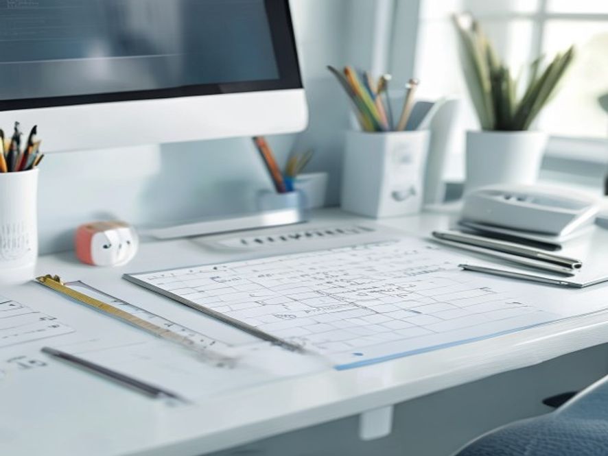 Arbetsbord med mätverktyg och ergonomiska anpassningar